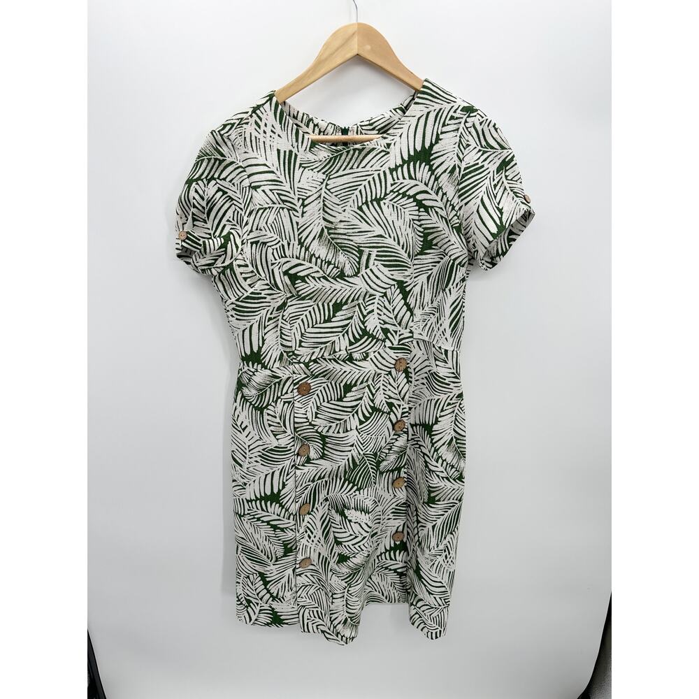 Shelby & Palmer Dress Women 10 Green Tropical Print Shift Midi Short Sleeve Vaca